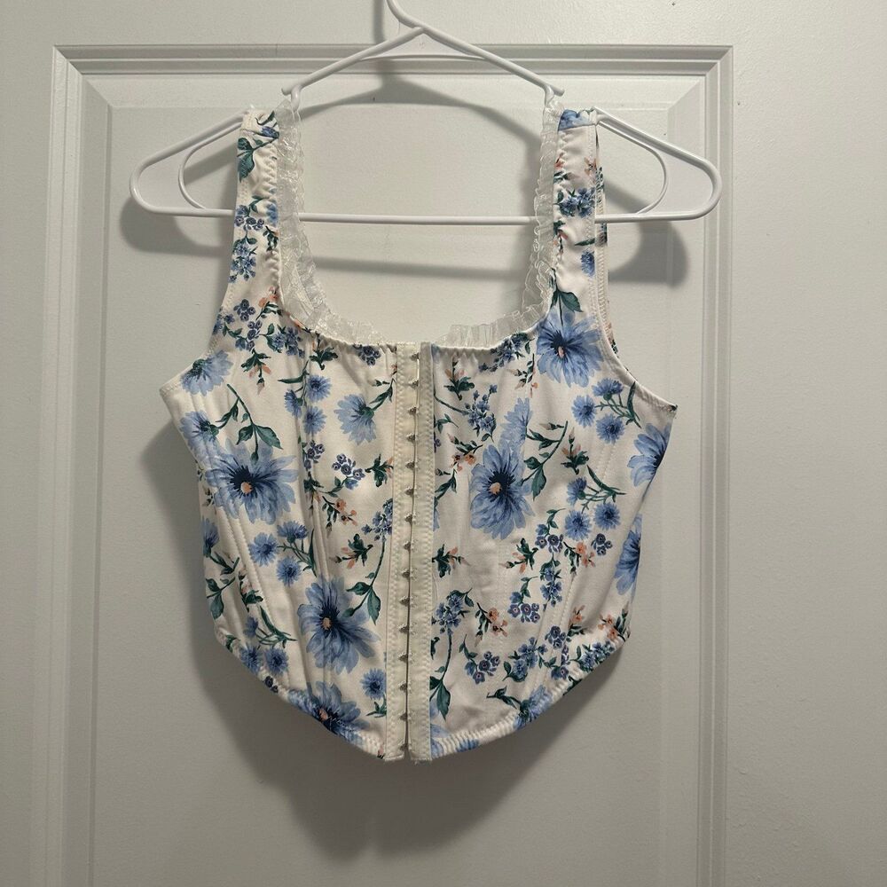 Altar'd State Floral Blue and White Crop Top - Picture 2 of 4